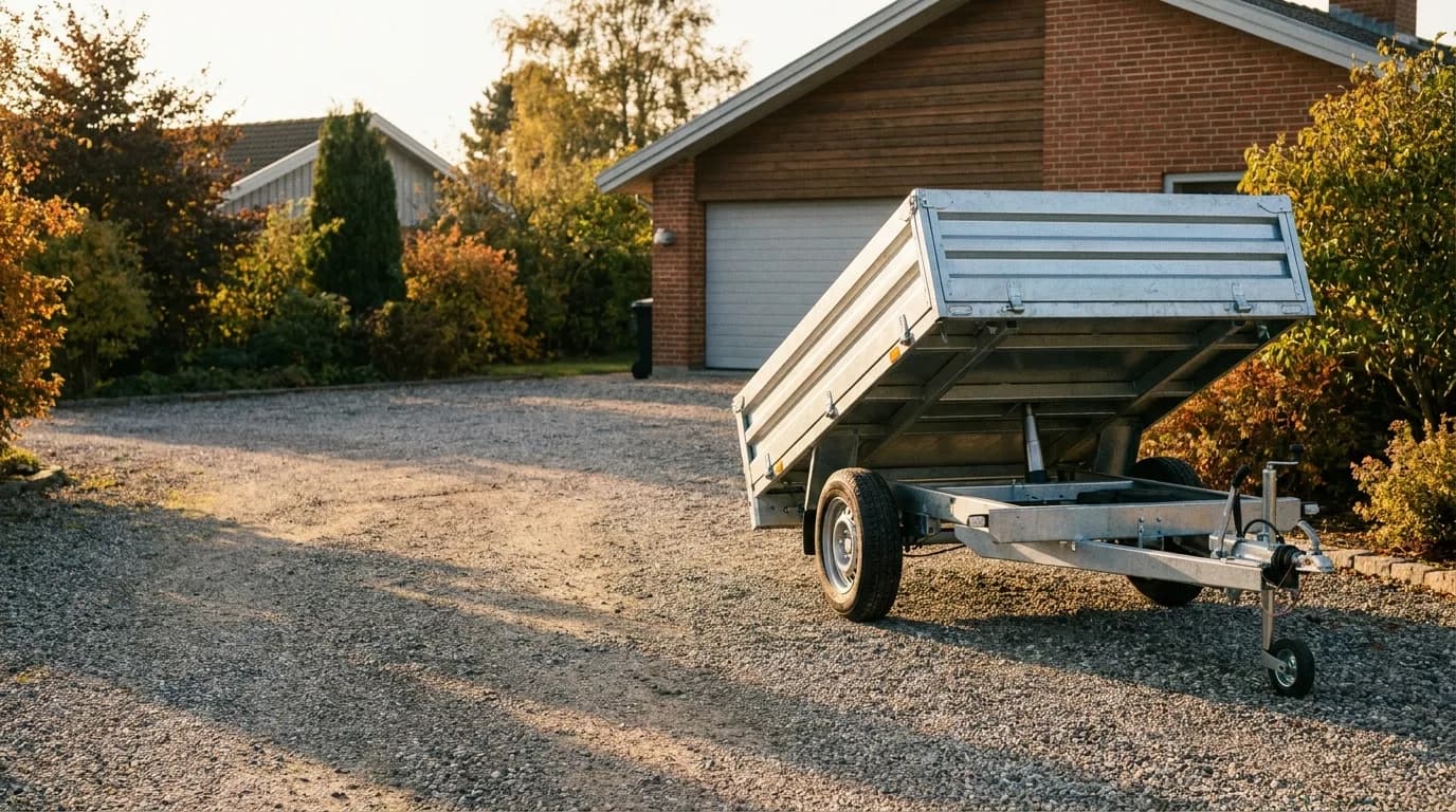 Remorque benne galvanisée stationnée dans une allée privée devant un garage