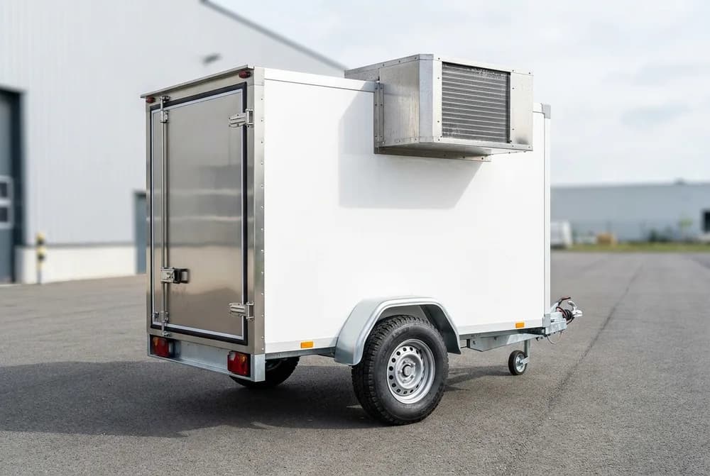 Remorque frigorifique blanche à porte inox, groupe de froid en toiture