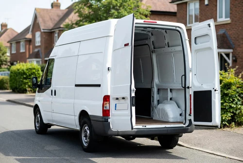 Fourgon utilitaire blanc portes arrière ouvertes sur un volume de chargement vide